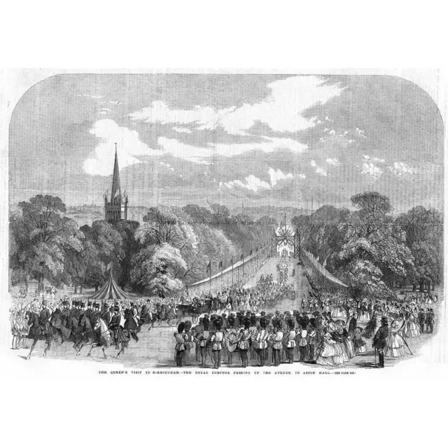 BIRMINGHAM Queen Victoria Royal Cortege Avenue to Aston Hall Antique Print 1858