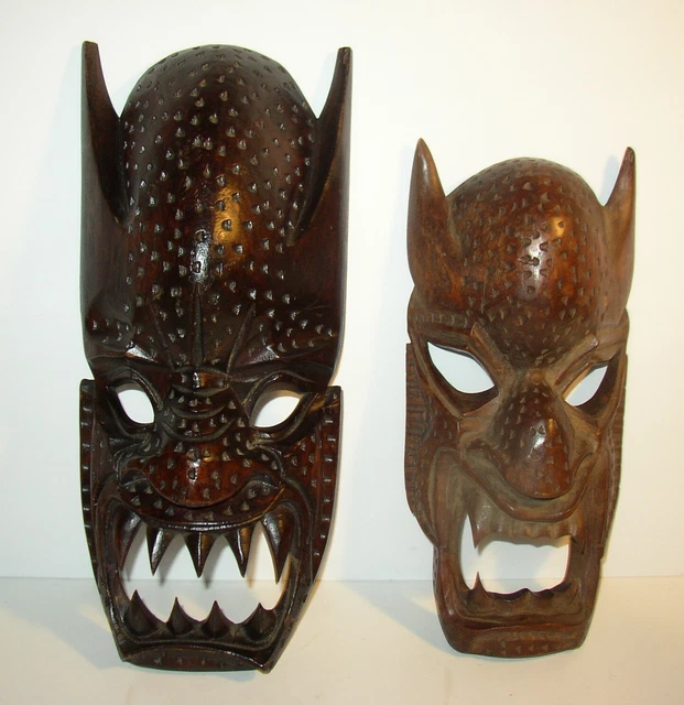 Pair VINTAGE HAND CARVED WOOD TRIBAL TIKI DEMON MASK W/TEETH HAWAIIAN PACIFIC