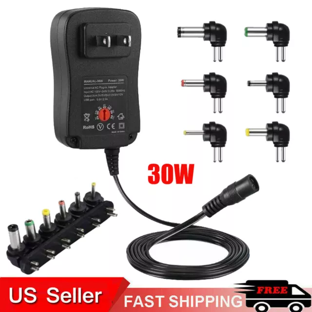 AC/DC 30W Universal Power Adapter 3v-12v Switching Supply USB Port 6 Tips 2000ma