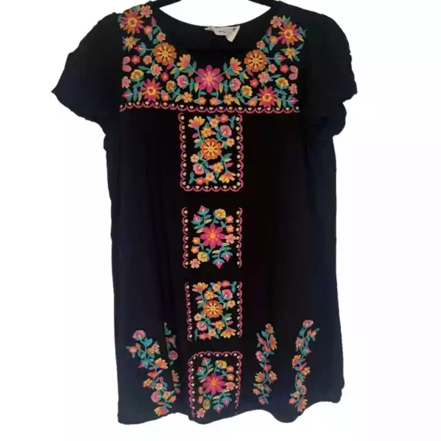 Savanna Jane women’s boho black floral embroidered cap sleeve dress size medium