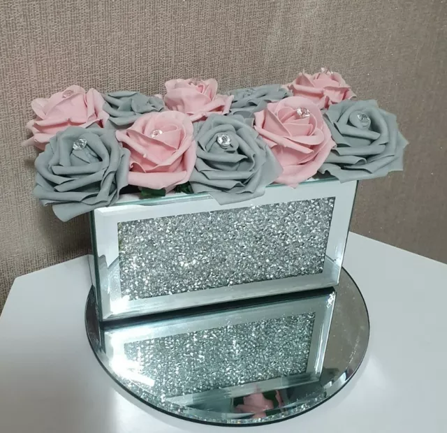 Artificial Pink and Grey Flowers Arrangements In Crushed Diamond Glass Vase...