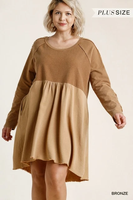 Umgee Plus Bronze Mineral Washed French Terry Round Neck Dress W Pockets