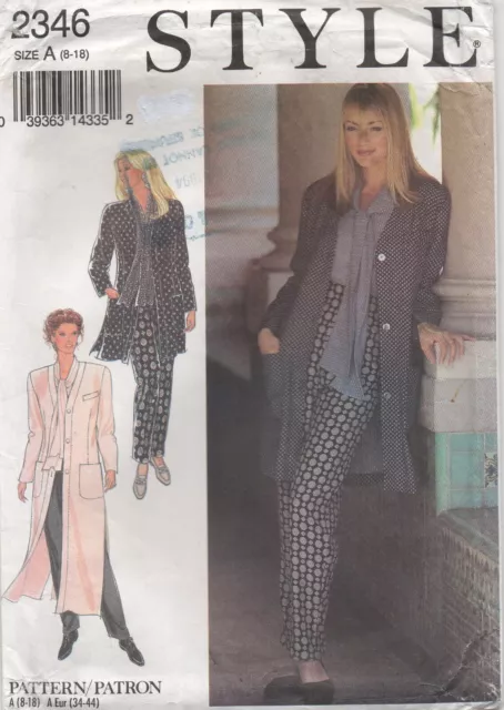 Style Sewing Pattern 2346 Duster Jacket Coat Trousers Blouse Tie Neck Size 8-14