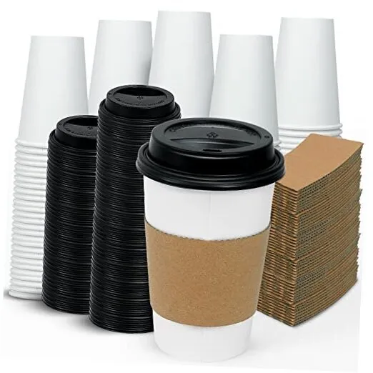 [100 Pack 16 oz Disposable Coffee Cups with Lids and Sleeves - To Go 16oz-100