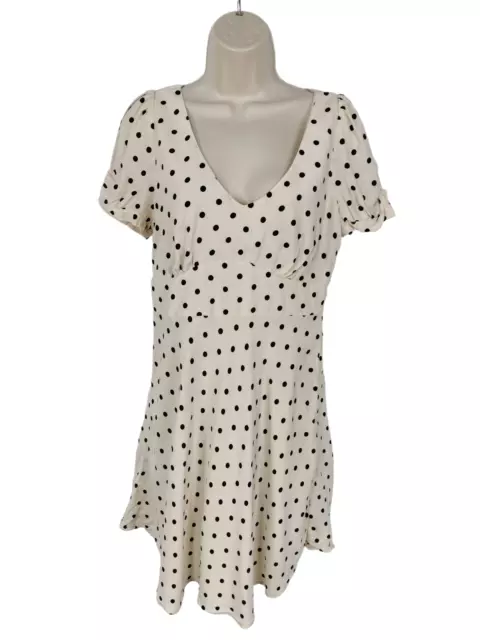 Womens M&S Uk 12 Cream Polka Short Sleeve Fit Flare Skater Party Occasion Dress