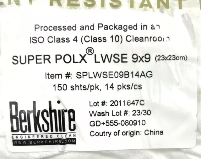 Berkshire Super Polx LWSE 9x9 150 Sheets Knitted Cleanroom Wipes