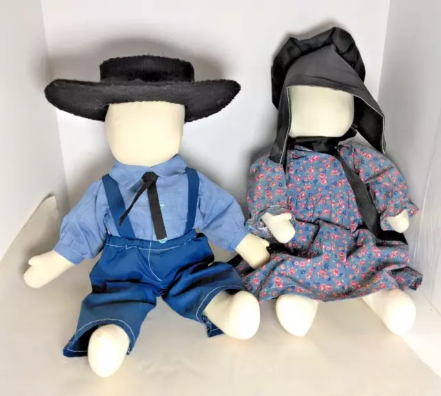 Amish Faceless Dolls Pair - Male, Female. Adorable Blue & Black Outfits - 18-20"