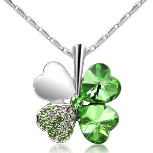 Lucky Crystal Four Leaf Clover Heart Pendant Necklace Irish shamrock charm chain