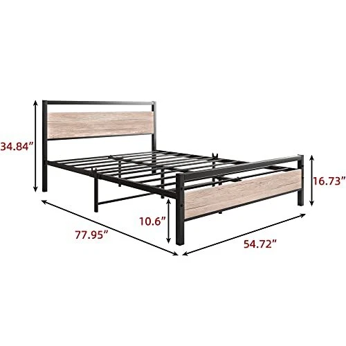 SIZE BED FRAME with Wood headboard,Rustic Metal Full Natural Oak Color