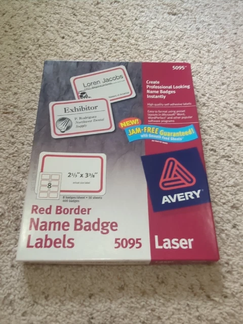Avery 5095 Qty 600 Red Border Name Badge Sticker Labels, Laser, 2 1/3" X 3 3/8" Avery 5095 Qty 600 Red Border Name Badge Sticker Labels, Laser, 2 1/3" X 3 3/8"