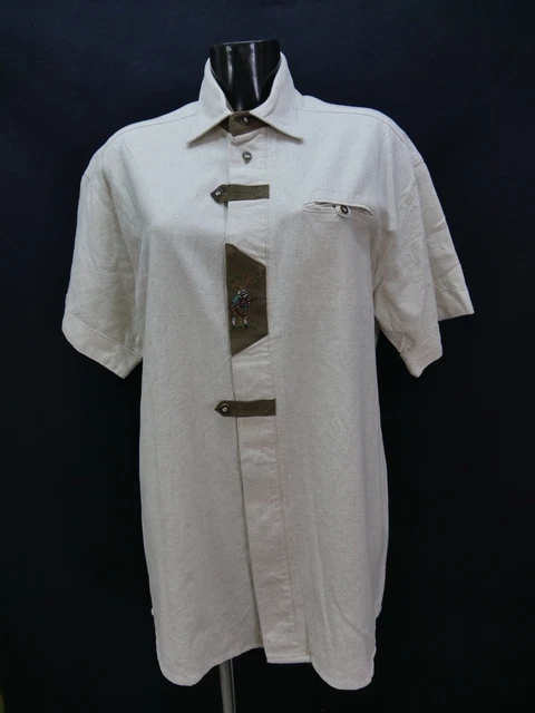 Gr.M Trachtenhemd Landhaus Mode beige Baumwolle Jäger Stickerei Hemd TH1524