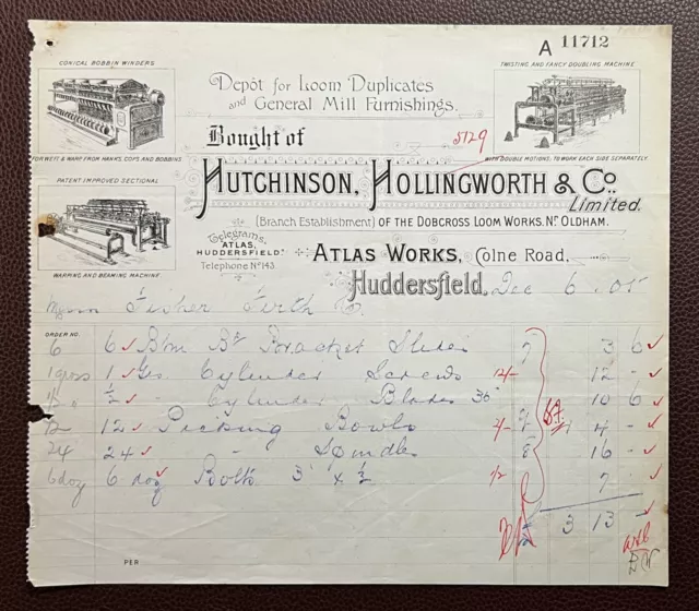 1905 Hutchinson, Hollingworth & Co., Loom Makers, Colne Rd, Huddersfield Invoice