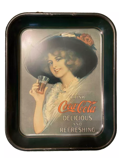 Vintage Drink Coca-Cola Delicious & Refreshing Metal Serving Tray Woman In Hat