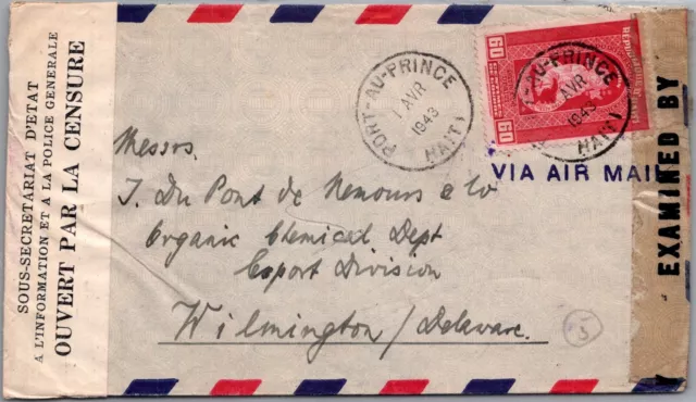 Schallstamps Haiti 1943 Postal History Wwii Airmail Dual Censored Cover Addr Usa