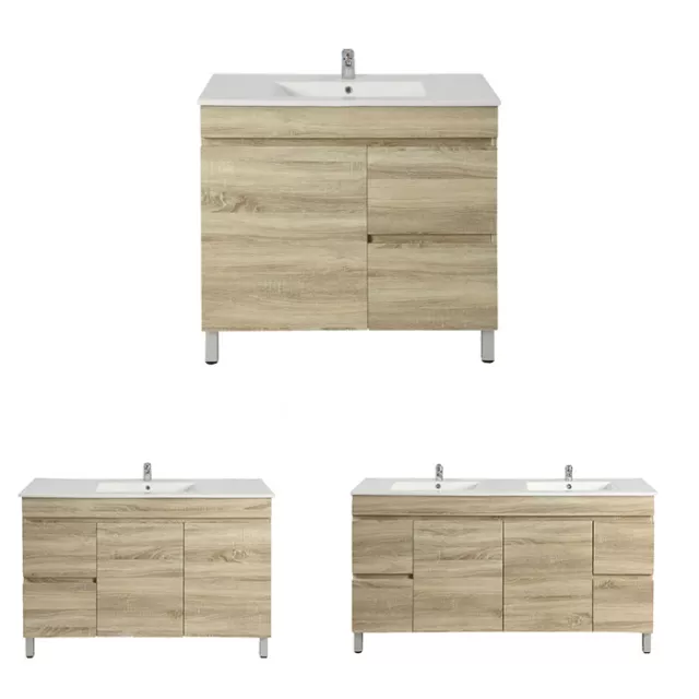 BERGE Narrow Slim 600-750 White Oak Wood Grain Floorstanding Vanity Ceramic Top