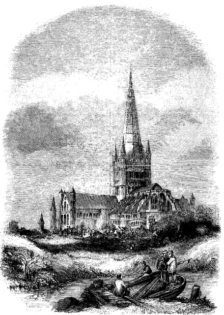 1848 Woodcut Engraved B&W Print of Norwich Cathedral.