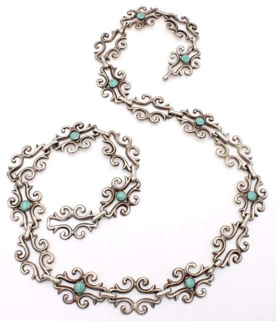 Vintage Navajo Sandcast Sterling Turquoise Concho Chain Link Belt 39" #S73-6 Vintage Navajo Sandcast Sterling Turquoise Concho Chain Link Belt 39" #S73-6