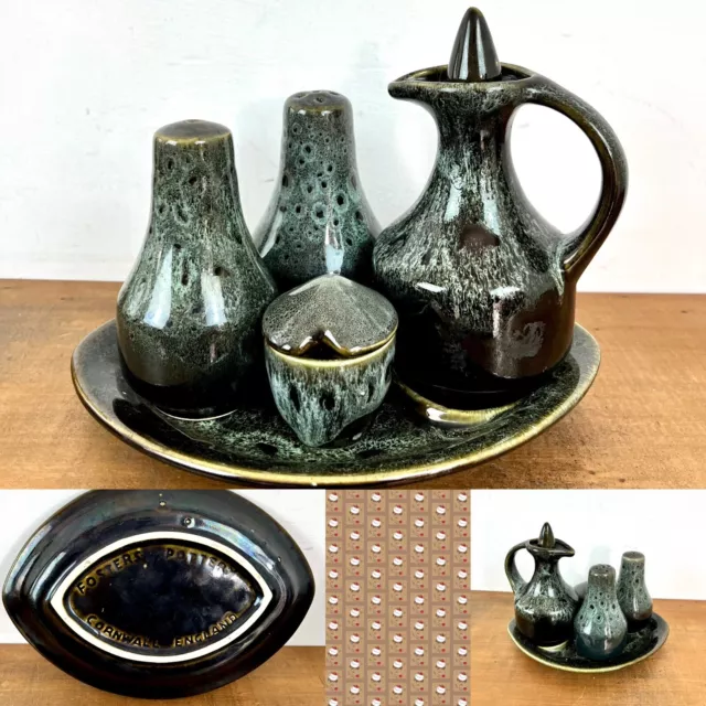 Foster's Studio Pottery Vintage Green Condiment Cruet Set Lava Drip Honeycomb