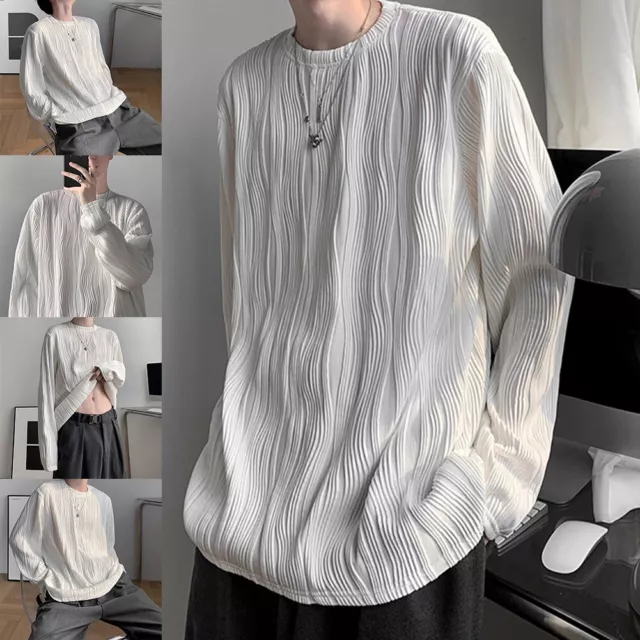 Maglietta uomo casual moda texture a pieghe top aderente con maniche lunghe