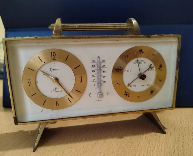 Vintage Orologio Sveglia Swiza 8 Day Clock Weather Station Stazione Meteo 1950