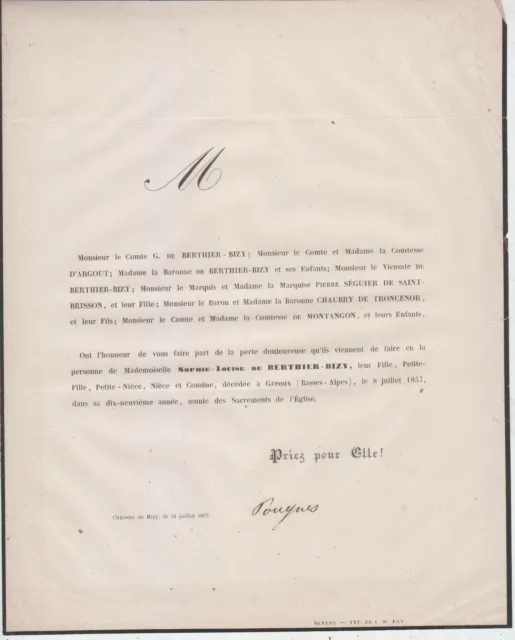 Death announcement Sophie-Louise de BERTHIER-BIZY Parigny-les-Vaux Nièvre 1857