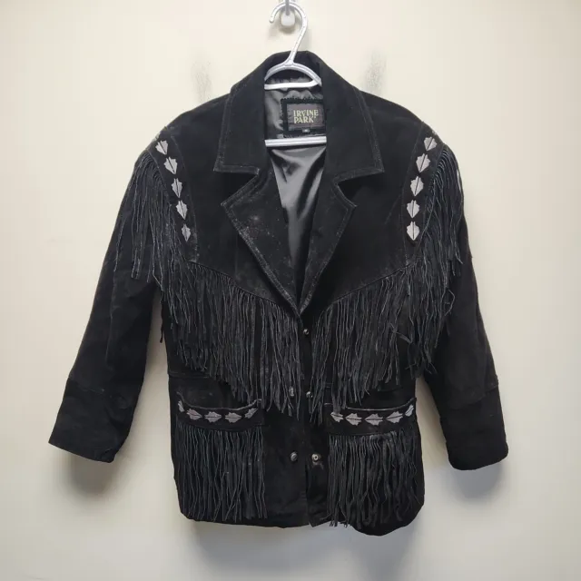 Irvine Park Indian Arrow Motif Black Leather Suede Tassel Coat Flaw