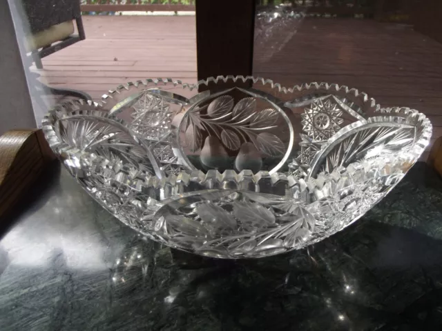 11" Oval Bowl, Glass lead crystal Brilliant Cut Fruit engraved Hobstars vintage