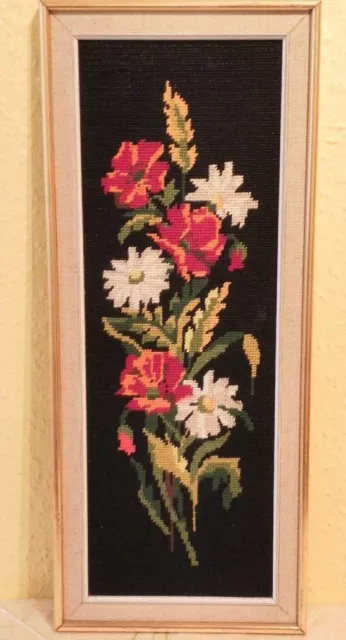 Vintage Completed Floral Flowers Woollen Tapestry Framed.