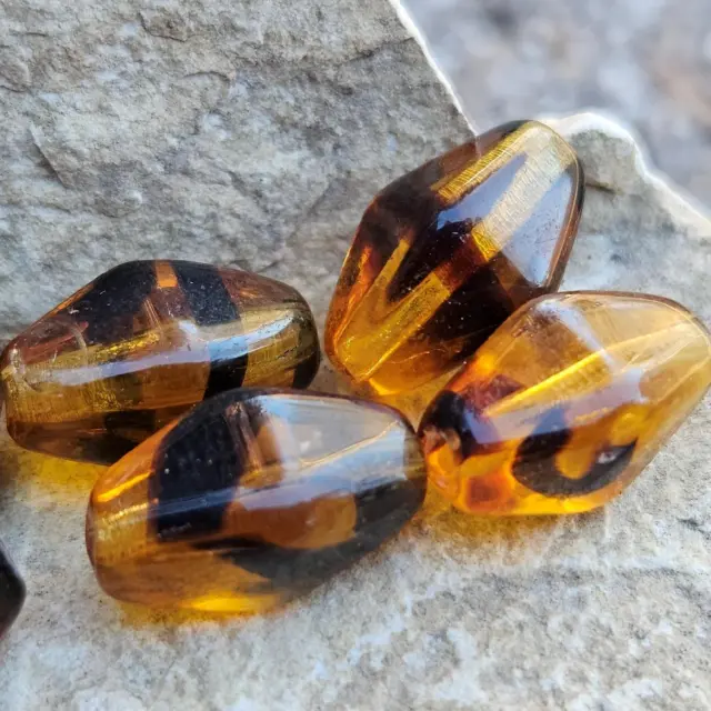 NOS Vintage Glass Beads Porphyr Tortoise Style Amber & Black Bicone Shape  12mm