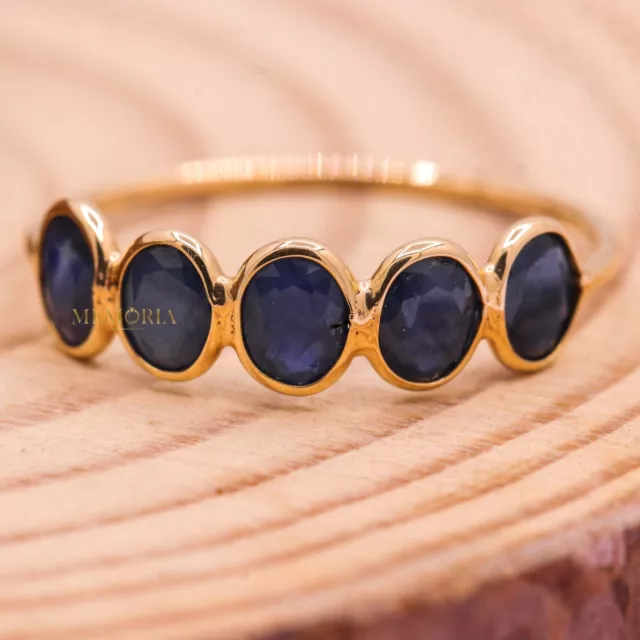 Minimal Blue Sapphire Gemstone 18k Yellow Gold Eternity Ring For Birthday Gift