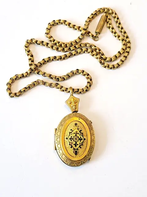 Antique Mourning Gold Gilt Brass Taille d'epargne Black Enamel Locket Necklace