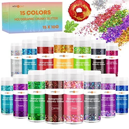 HTVRONT Brillo Holográfico Grueso para Resina - 15 Colores Holográfico 150g/5,3...