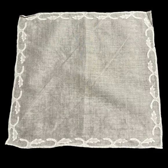 Vintage Handkerchief White Decorative Border Stitching Cotton Square 11.75"