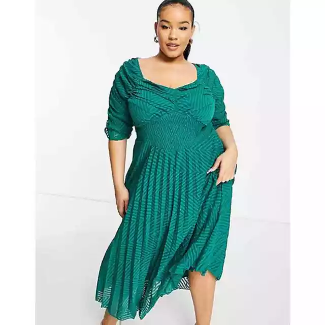 Asos Design Curve Ruched Front Pleated Midi Dress Chevron Forest Green NWT 26