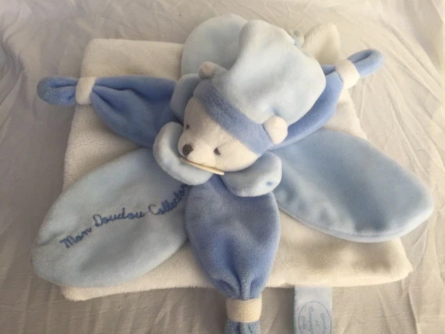 Doudou plat ours pétales blanc bleu  mon doudou collector Doudou et compagnie