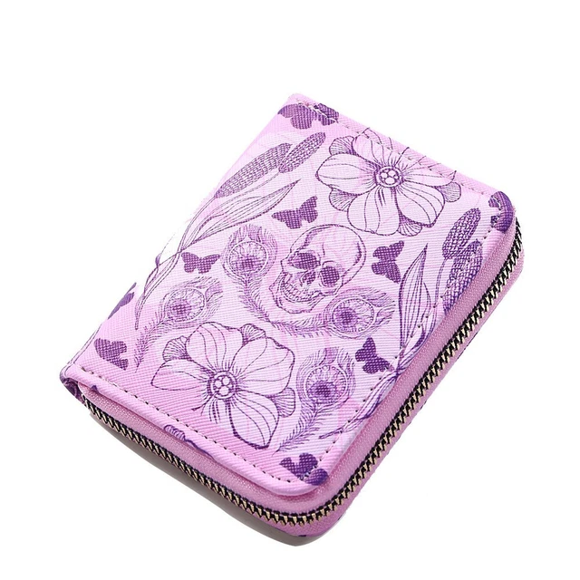 Women's Pink Skull Flowers & Butterflies Gothic Wallet Zip Coin Purse Kawaii
