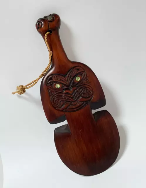 Vintage Maori Tiki Wooden Kotiate Patu War Club New Zealand Tribal Paua Shell