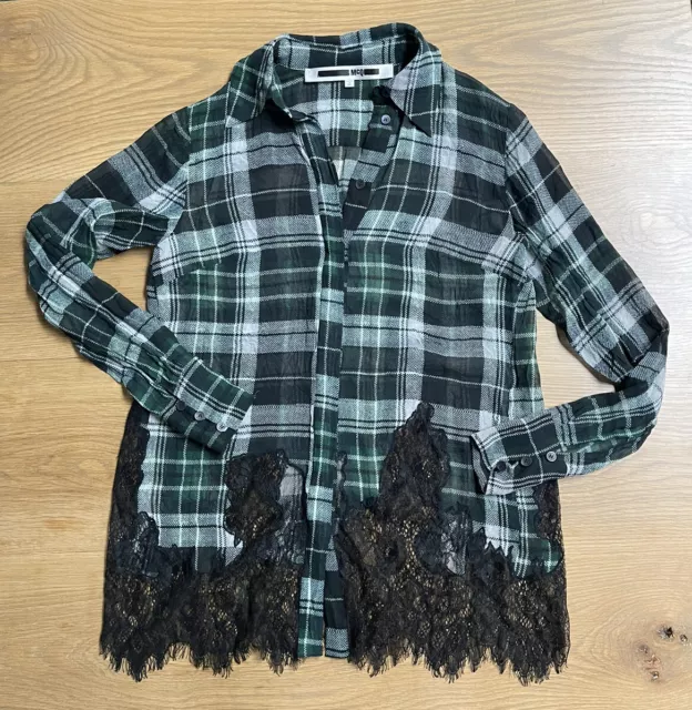 MCQ ALEXANDER MCQUEEN Fluid Tartan Plaid Silk Blouse Green Lace $610 2