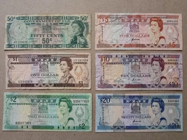 Fiji banknotes set of 6 - 1969 , 1980 - 1992 50 cents - 20 dollars notes