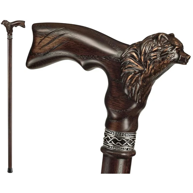 Bear Head Handle Walking Cane Stick Hand Carved Wooden Walking Stick X_Mass Gift
