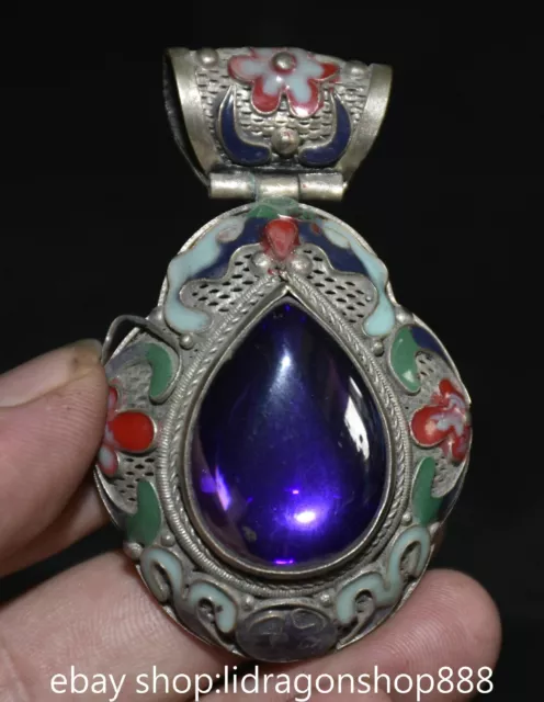 2.8" Rare Old China Email Miao Silver Blue Gem Flower Jewelry Pendant