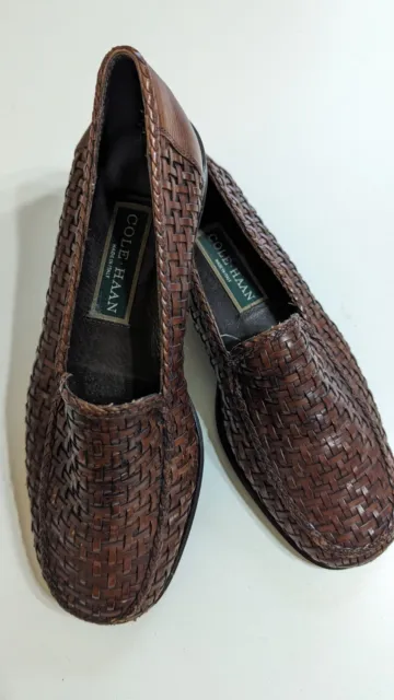 VTG Cole Haan Brown Woven Leather Women’s Size 7.5B F7342 Slip On Loafers Italy