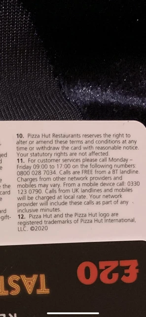 3 x £20 pizza hut gift cards Inc  Postage 3