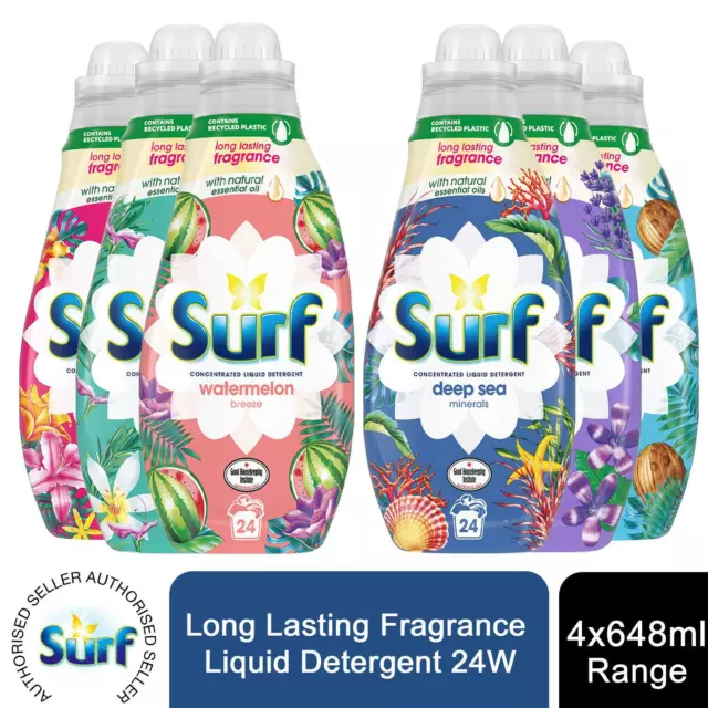 4x 24W Surf Long Lasting Fragrance Liquid Detergent 648ml, Total 96W