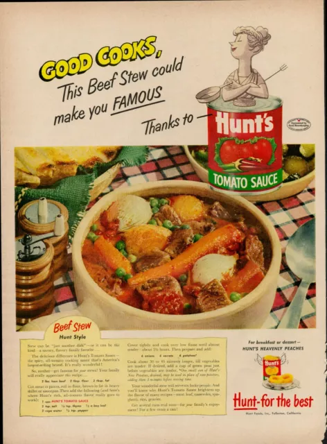 1954 Hunt's Tomato Sauce Beef Stew Vintage Old Print Ad Pizza Lunch Dinner Food