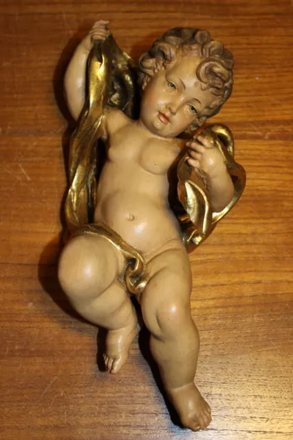 11" Anri Wood Hand Carved Carving Angel Putto Cherub Italy Statue Wall Figure