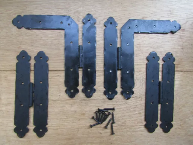 Pair of ORNATE H L HINGE wrought iron blacksmith door old rustic vintage hinges