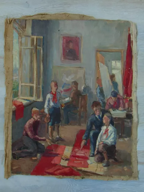 Vintage Oil painting Spring preparation of pioneers for May 1 Soviet Era  50s