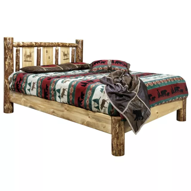 QUEEN Log Platform Bed Rustic Etched Western Unique Carving Woodburning Elk Bear