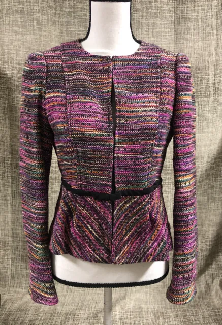 Nanette Lepore Ladies Size 6 Black Pink Knit Tweed Wool Silk Blazer Jacket
